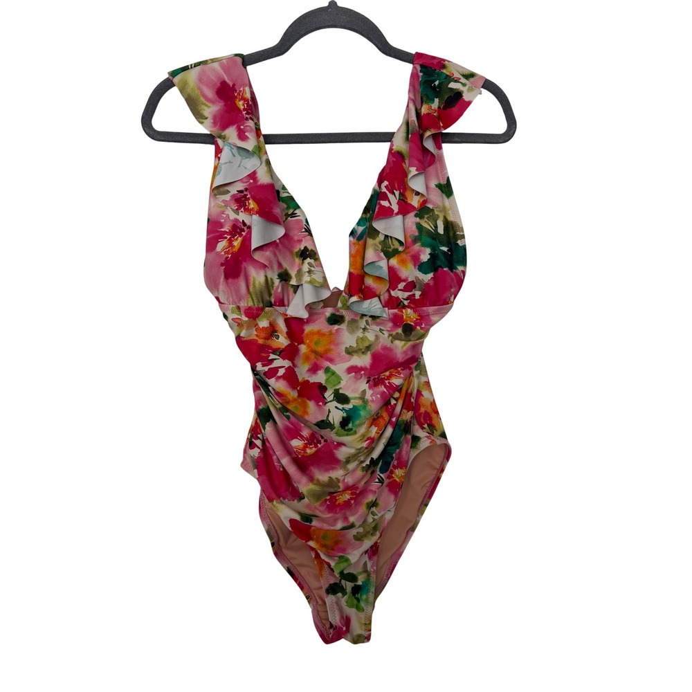 Floral Ruffle V-Neck One-Piece Swimsuit Pink Green Ruched Slimming Feminine